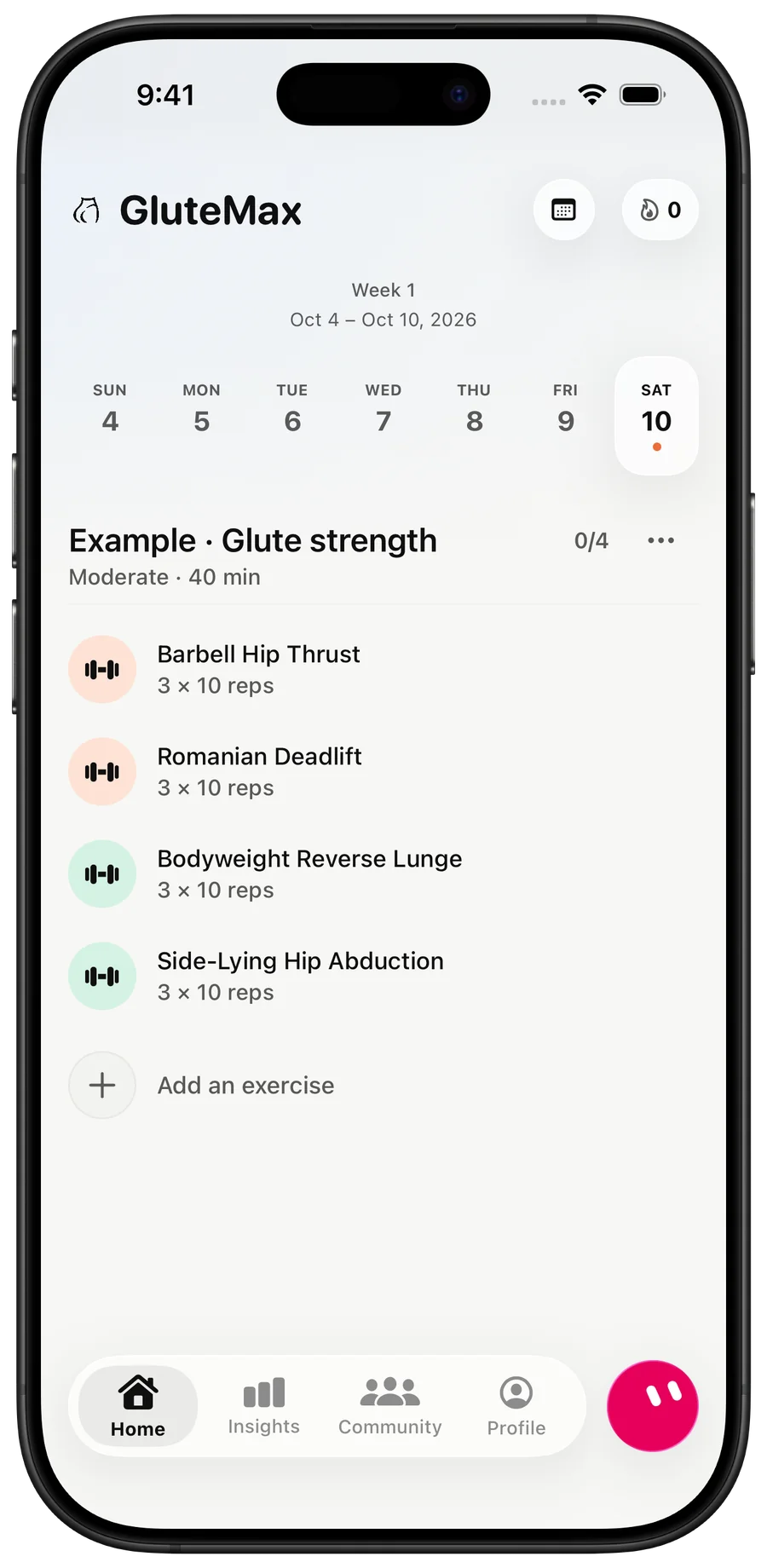 GluteMax Home shows an example glute strength workout with exercises, sets and reps.