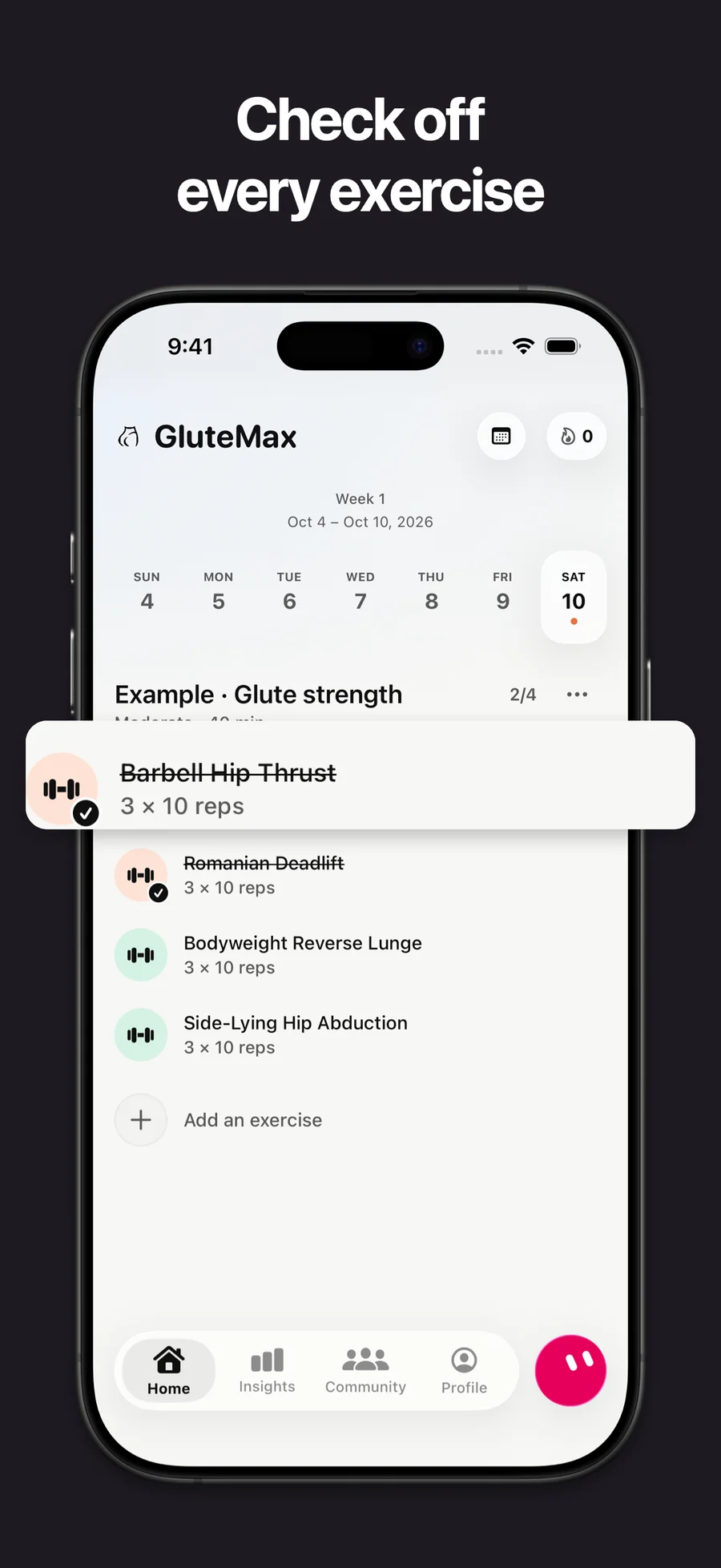 Example GluteMax exercise completion screen for recording a finished workout.